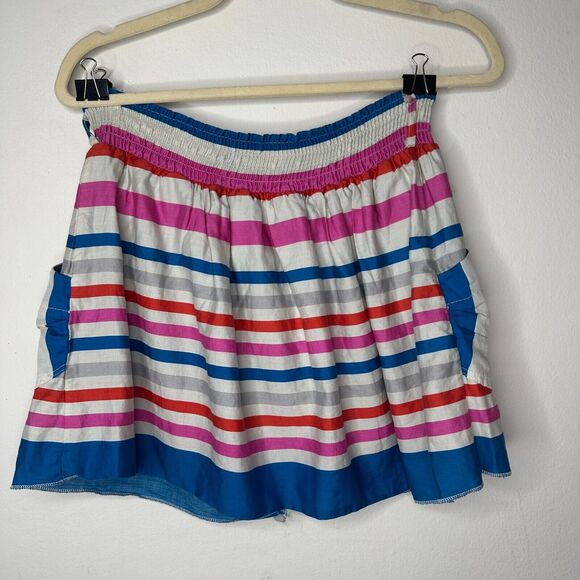 Nautical Blue Pink White Gray Stripe Button Front Patch Pockets Mini Skirt Small - Picture 4 of 10